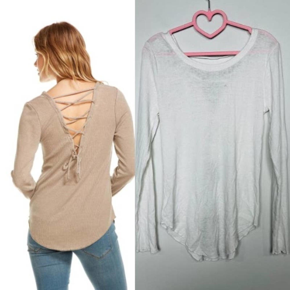 Chaser NWT Vintage Ribbed Long Sleeve Lace Up Back Shirttail Tops White Medium